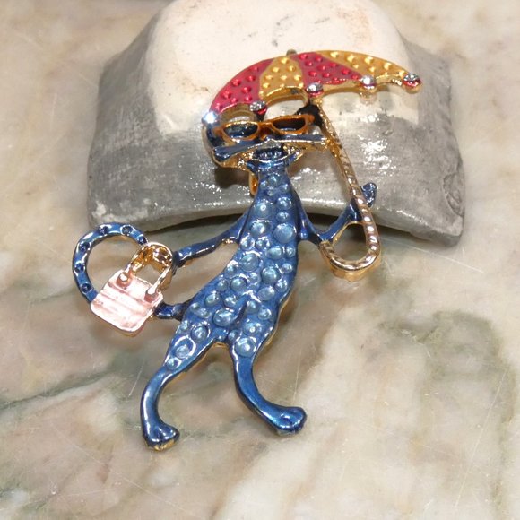 Sparkling Rhinestone Cool Cat, Kewl Kitty with Umbrella - Brooch Pin w/Gift Box - Picture 4 of 10